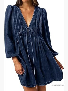 Lalavon Women's Blue Denim Peasant Romper with Tie Front